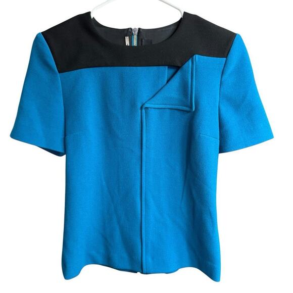 Roland Mouret Top Women's Blue Black Short Sleeve Full Zip Back Sz 4 Designer - Picture 1 of 8